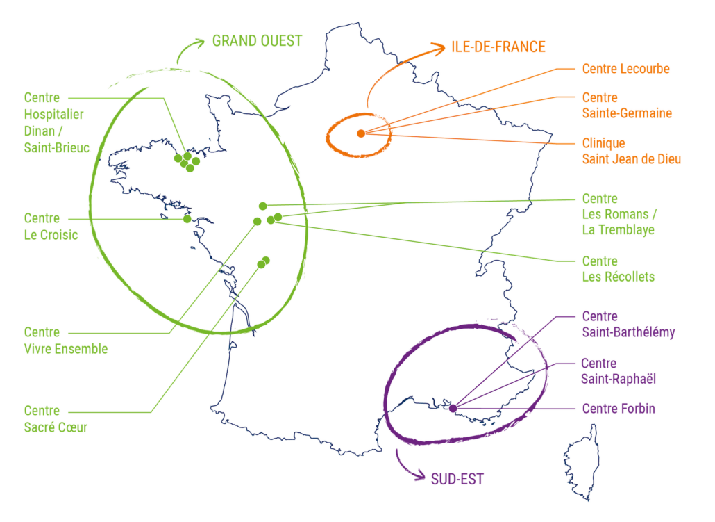 Carte de France avec les différents établissements de la Fondation Saint Jean de Dieu